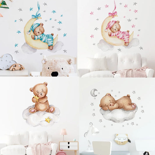 Dessin animé ours en peluche lune Stickers muraux en papier peint  pour chambre d'enfants bébé fille et garçon